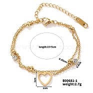 Exquisite Stainless Steel Crystal Rhinestone 2-Strand Sweetheart Link Women's Bracelets, Golden, 5-7/8 inch(15cm)(BK9888-1)