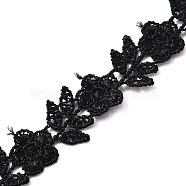 Polyester Lace Trim, Embroidery Ancient Hanfu Lace Ribbon, Leaf and Flower, Black, 1/2~5/8 inch(13~16mm)(OCOR-WH0067-29)