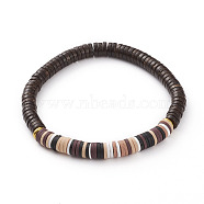 Polymer Clay Heishi Beads Stretch Bracelets, with Natural Coconut Beads and Golden Plated Brass Beads, Disc/Flat Round, Coconut Brown, Inner Diameter: 2-1/4 inch(5.6cm)(BJEW-JB05811-05)