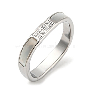 304 Stainless Steel Rectangle Finger Ring, with White Shell and Cubic Zirconia, Stainless Steel Color, Inner Diameter: 17mm(RJEW-C059-01P)