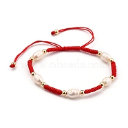 Adjustable Nylon Thread Braided Beads Bracelets, Red String Bracelets, with Natural Cultured Freshwater Pearl Beads and Brass Beads, Real 18K Gold Plated, Red, Inner Diameter: 6~9cm(2-3/8~3-1/2 inch)(BJEW-JB05384-01)