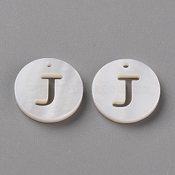 Natural Freshwater Shell Pendants, Flat Round with Letter, Letter.J, 12x1.5mm, Hole: 1mm(SHEL-Q311-008J)