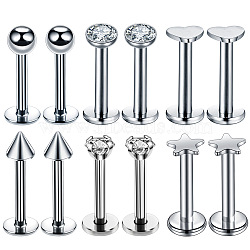 6 Styles Stainless Steel Clear Cubic Zirconia Threadless Labrets, 17 Gauge Piercing Studs Jewelry for Women Men, Mixed Shapes, Stainless Steel Color, 8mm, Pin: 1.2mm, Head: 3~4mm(WG43458-01)