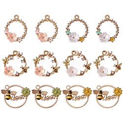 12Pcs Alloy Enamel Pendants, with Crystal Rhinestone, Golden, Ring with Bee & Flower, Mixed Color, 20mm(JX135A)