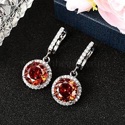 925 Sterling Silver Pave Cubic Zirconia Flat Round Hoop Earrings, Real Platinum Plated, Red, 30.5x13.5mm(EJEW-C150-01C-01)