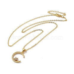 Golden Brass Crescent Moon Pendant Necklace with Rhinestone, Flower, 17.44 inch(44.3cm)(NJEW-Z015-01D-G)