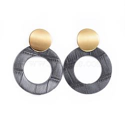 PU Leather Dangle Stud Earrings, with 304 Stainless Steel Stud Earring Findings, Ring, Gray, 57mm, pin: 0.8mm(EJEW-JE03293-01)