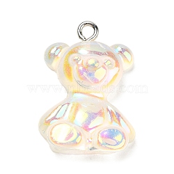 Transparent Resin Pendants, Iridescent Bear Charms with Platinum Plated Iron Loops, Floral White, 24.5~25.5x17~18x8~8.5mm, Hole: 1.8mm(RESI-M033-01F)