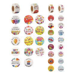 6 Rolls 4 Style Flat Round Birthday Theme Pattern Tag Stickers, Self-Adhesive Paper Gift Tag Stickers, for Party Decorative Presents, Mixed Color, 25~38mm, 500pcs/roll(DIY-LS0003-52)