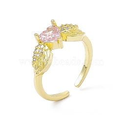 Pink Cubic Zirconia Heart with Wing Open Cuff Ring, Rack Plating Brass Jewelry for Women, Cadmium Free & Lead Free, Real 18K Gold Plated, US Size 6 3/4(17.1mm)(RJEW-I091-17G)