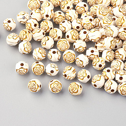 Plating Acrylic Beads, Golden Metal Enlaced, Round with Flower, Beige, 8mm, Hole: 1.5mm(X-PACR-Q113-03)