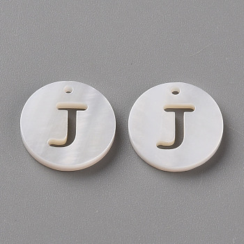 Natural Freshwater Shell Pendants, Flat Round with Letter, Letter.J, 12x1.5mm, Hole: 1mm