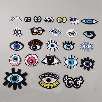 Computerized Embroidery Cloth Iron on/Sew on Patches, Costume Accessories, with Hot Melt Adhesive, Appliques, Eye & Eyelash, Mixed Color, 15~86x26.5~91x1.4mm, 25pcs/set