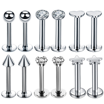 6 Styles Stainless Steel Clear Cubic Zirconia Threadless Labrets, 17 Gauge Piercing Studs Jewelry for Women Men, Mixed Shapes, Stainless Steel Color, 8mm, Pin: 1.2mm, Head: 3~4mm