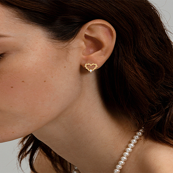 1Pair Brass Rhinestone Stud Earrings, Heart, Golden, 9x10mm
