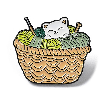 Knitting Theme Enamel Pins, Black Alloy Brooches for Backpack Clothes, Cat Shape, 26x30x2mm
