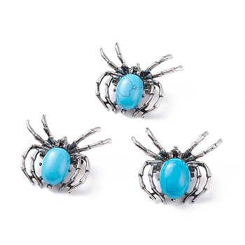 Synthetic Turquoise Brooch, with Brass Findings and Glass, Spider, Antique Silver, 34~35x41~42x7mm, Hole: 3x5mm
