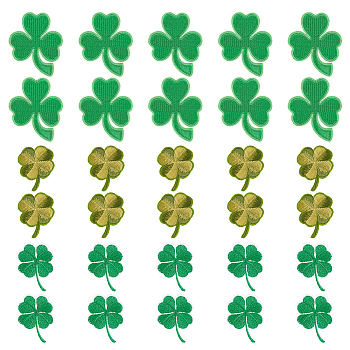 30Pcs 3 Style Non-Woven Fabrics Computerized Embroidery Cloth Iron on/Sew on Patches, Costume Accessories, Clover & Shamrock, for Saint Patrick's Day, Green, 45~61x35~51x1.5mm, 10pcs/style
