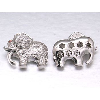 Brass Cubic Zirconia Beads, Elephant, Platinum, 17x22x8mm, Hole: 2mm