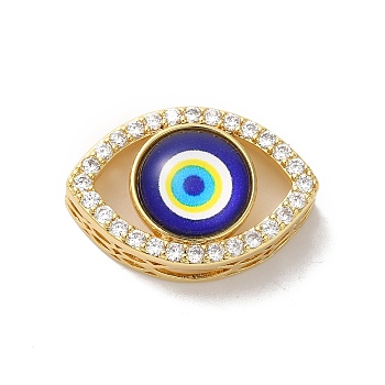 Rack Plating Brass Cubic Zirconia Beads, with Glass, Lead Free & Cadmium Free, Long-Lasting Plated, Evil Eye, Real 18K Gold Plated, Dark Blue, 18.5x27x10mm, Hole: 3x7.5mm