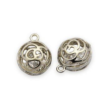 Brass Ball Pendants, Hollow Round Charms, with Glass Rhinestones Inside, Matte Platinum, 13x12x11mm, Hole: 1mm