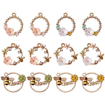 12Pcs Alloy Enamel Pendants, with Crystal Rhinestone, Golden, Ring with Bee & Flower, Mixed Color, 20mm