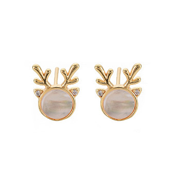Natural Freshwater Shell Stud Earring Findings, with Brass Findings, with Loop, Nickel Free, Deer, Real 18K Gold Plated, 11x8.5mm, Hole: 1.6mm, Pin: 0.6mm