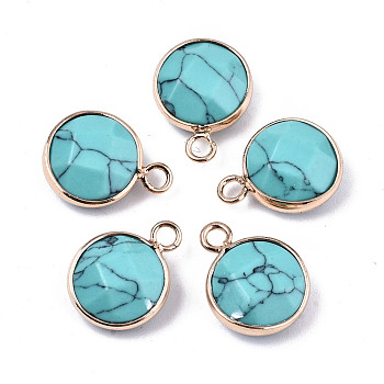 Synthetic Turquoise Pendants, Light Gold Tone Brass Edge, Faceted, Dyed, Flat Round, 18x13.5x6mm, Hole: 2mm