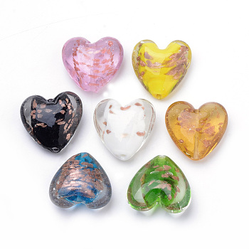 Handmade Gold Sand Lampwork Beads, Heart, Mixed Color, 33~35x34~36x16~17mm, Hole: 2~3mm