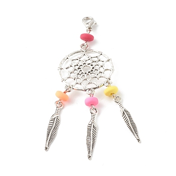 Tibetan Style Alloy Big Pendants, Woven Net/Web with Feather & Handmade Polymer Clay Beads, with Lobster Claw Clasps, Antique Silver & Platinum, 90x28mm