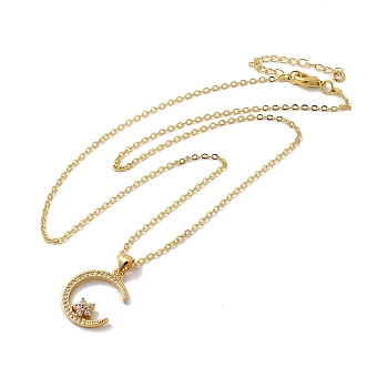 Golden Brass Crescent Moon Pendant Necklace with Rhinestone, Flower, 17.44 inch(44.3cm)