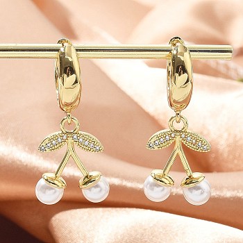 Cherry Brass Micro Pave Clear Cubic Zirconia & ABS Imitation Pearl Hoop Earrings, Rack Plating, Long-Lasting Plated, Lead Free & Cadmium Free, Real 18K Gold Plated, 34x14mm