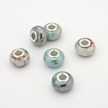 Rondelle Handmade Porcelain Large Hole European Beads, with Platinum Plated Brass Double Cores, Aquamarine, 15x10mm, Hole: 5mm
