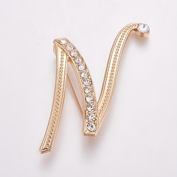 Alloy Brooches, with Rhinestone, Letter, Letter.N, Golden, 51x42x3.5mm, Pin: 1mm