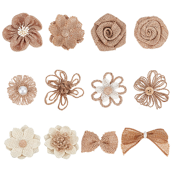 36Pcs 12 Styles Handmade Linen Ornament Accessories, for DIY Craft Making, Flower, Mixed Color, 42~65x42~65x7.5~21mm, 3pcs/style