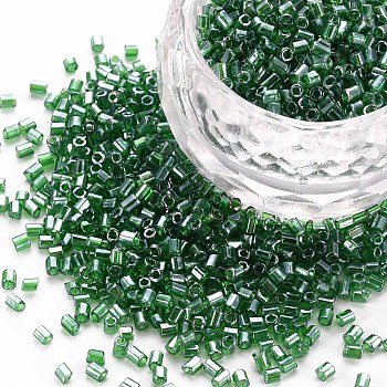 Glass Bugle Beads, Transparent Colours Luster, Green, 2.5~3x2mm, Hole: 0.9mm, about 15000pcs/pound