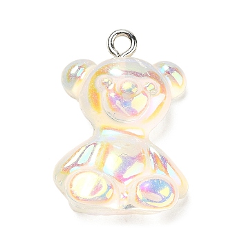 Transparent Resin Pendants, Iridescent Bear Charms with Platinum Plated Iron Loops, Floral White, 24.5~25.5x17~18x8~8.5mm, Hole: 1.8mm