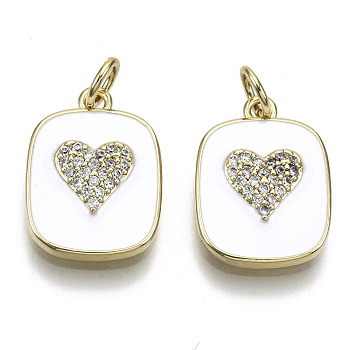 Brass Micro Pave Clear Cubic Zirconia Pendants, with Enamel and Jump Ring, Rectangle with Heart, Real 16K Gold Plated, Nickel Free, White, 17.5x13x3mm, Jump Ring: 5x1mm, 3mm inner diameter