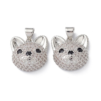Brass Micro Pave Cubic Zirconia Pendants, Real Platinum Plated, Dog Charms, Clear, 17x16.5x6.5mm, Hole: 5x3mm