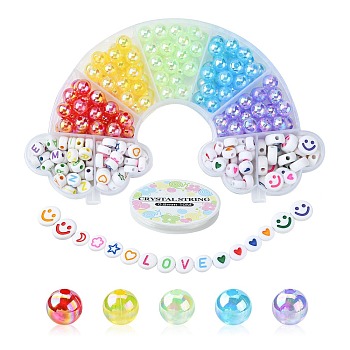 302Pcs 9 Style Transparent & Opaque Rainbow Iridescent Acrylic Beadss Plated and Enamel, Round & Flat Round, Mixed Color, 7~10x3~5mm, Hole: 2mm