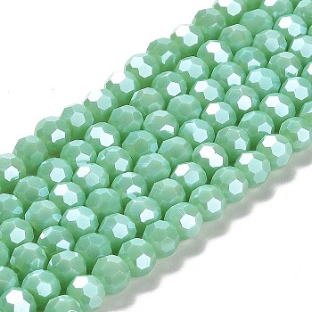 Electroplate Opaque Glass Beads Strands, Faceted(32 Facets), Pearl Luster Plated, Round, Medium Aquamarine, 6mm, Hole: 1mm, about 98~100pcs/strand, 20.39~20.59 inch(51.8~52.3cm)