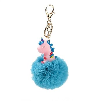 Cute Unicorn PVC & Imitate Rex Rabbit Fur Ball Keychain, with Alloy Clasp, for Bag Car Key Decoration, Dark Turquoise, 16.8~16.9cm
