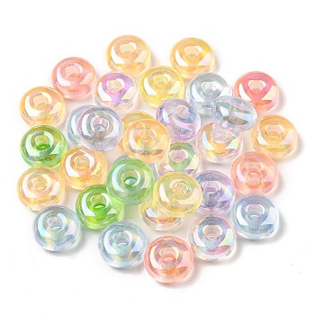 Transparent UV Plating Rainbow Iridescent Acrylic European Beads, Large Hole Beads, Rondelle, Mixed Color, 16x8mm, Hole: 5mm