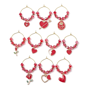 Valentine's Day Alloy Enamel Pendants Wine Glass Charms Sets, with Brass Hoop Earrings Findings and Glass Beads, Rose/Heart/Lock, Golden, 40~48x30mm