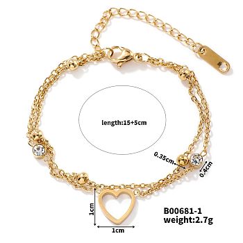 Exquisite Stainless Steel Crystal Rhinestone 2-Strand Sweetheart Link Women's Bracelets, Golden, 5-7/8 inch(15cm)