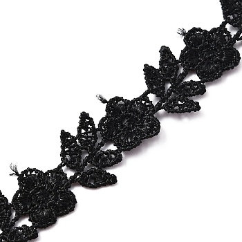 Polyester Lace Trim, Embroidery Ancient Hanfu Lace Ribbon, Leaf and Flower, Black, 1/2~5/8 inch(13~16mm)