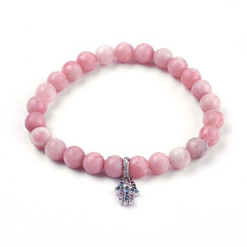 Natural Pink Opal Charm Bracelets, with Brass Cubic Zirconia Charms, Hamsa Hand/Hand of Fatima/Hand of Miriam, 2 inch(5.1cm), Charm: 13x9x2mm