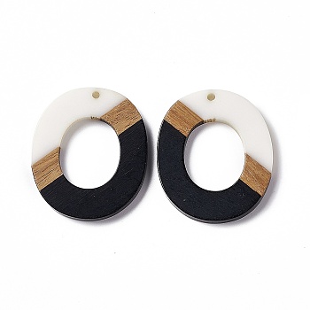 Opaque Resin & Walnut Wood Pendants, Donut Charms, Black, 38x32.5x3.5mm, Hole: 2mm