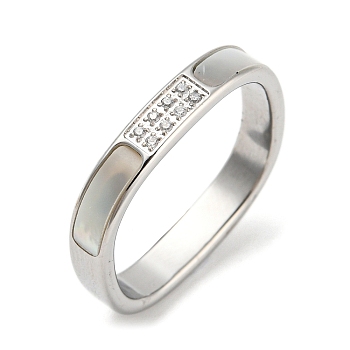 304 Stainless Steel Rectangle Finger Ring, with White Shell and Cubic Zirconia, Stainless Steel Color, Inner Diameter: 17mm