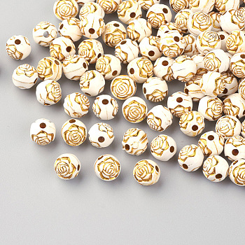 Plating Acrylic Beads, Golden Metal Enlaced, Round with Flower, Beige, 8mm, Hole: 1.5mm